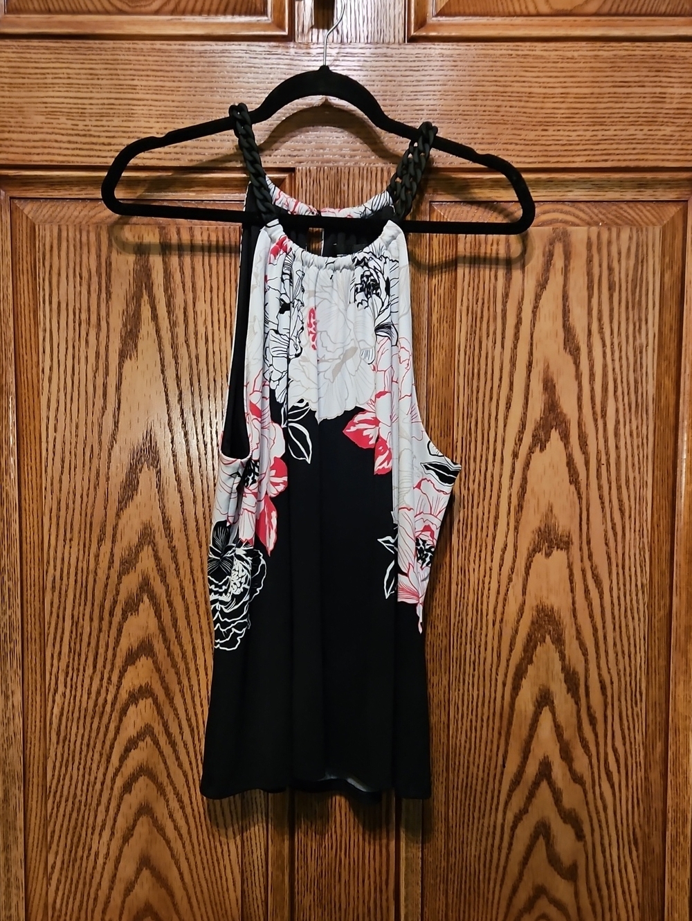 White House Black Market Black Floral Halter Tank with Pink and White Flowers